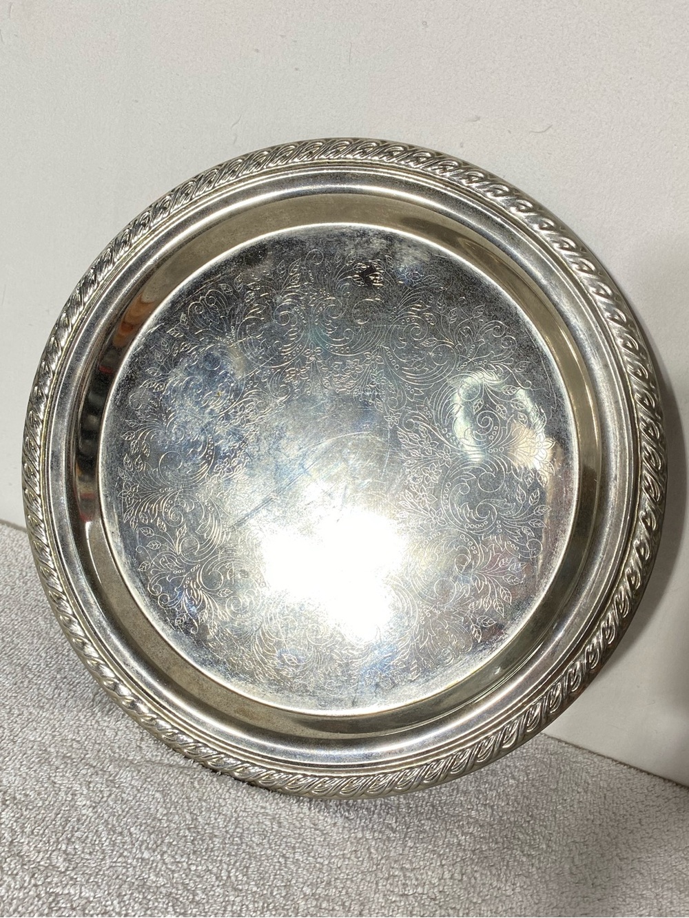 Vintage Silver Tone Round Serving Tray 13” Ornate Etched Floral Platter Rim